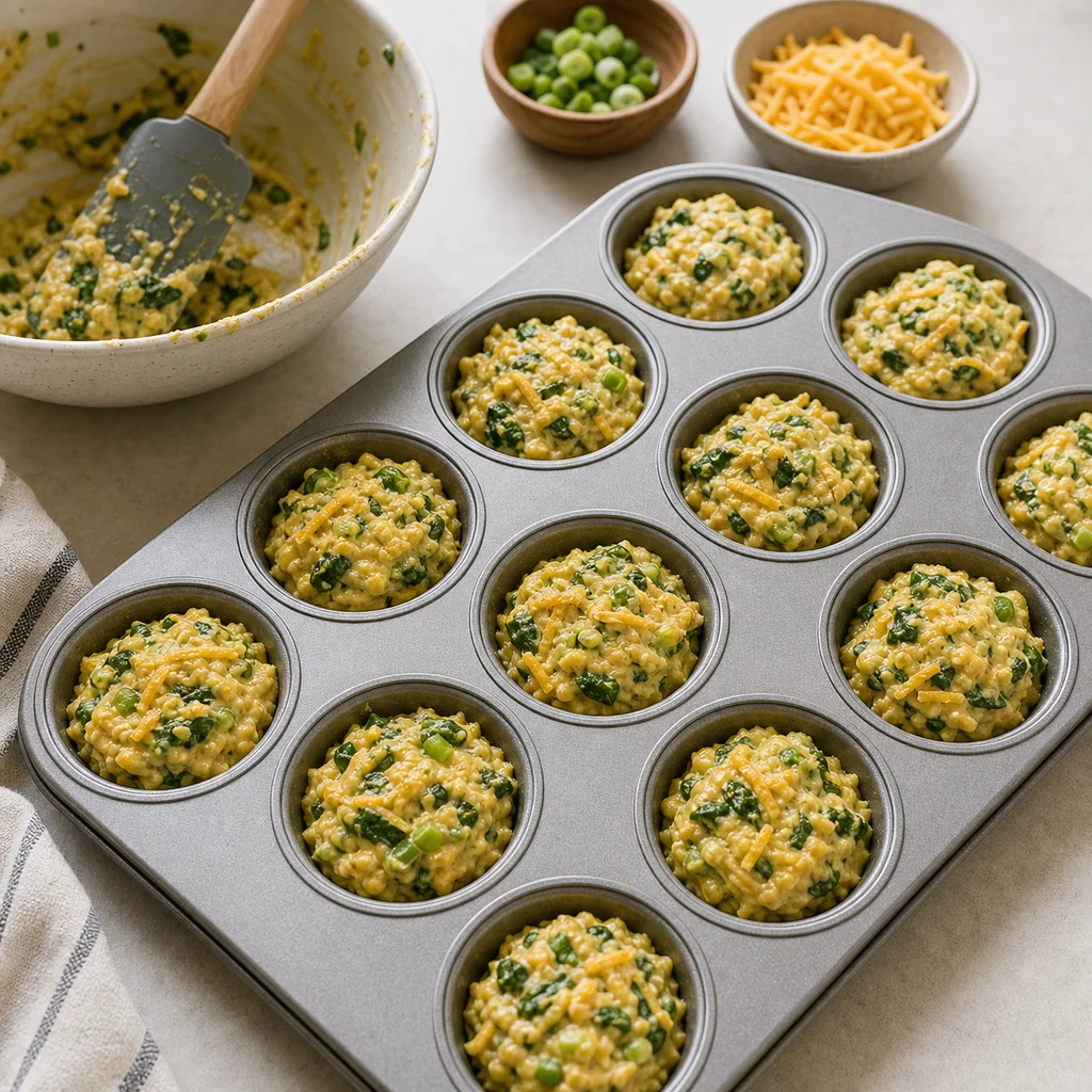 Chickpea flour spinach muffin batter spooned into a muffin tin for BeginnerBakes