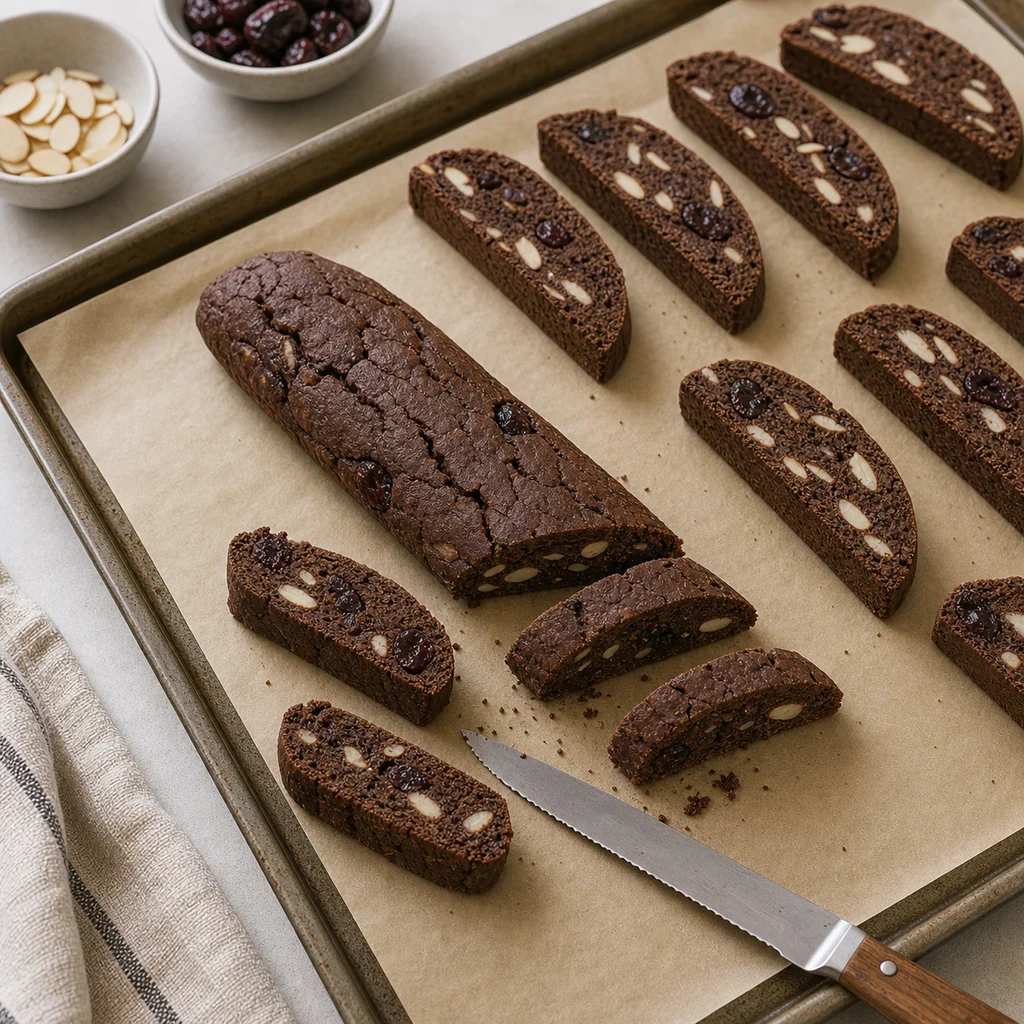 Chocolate cherry almond biscotti log sliced on parchment for the second bake for BeginnerBakes