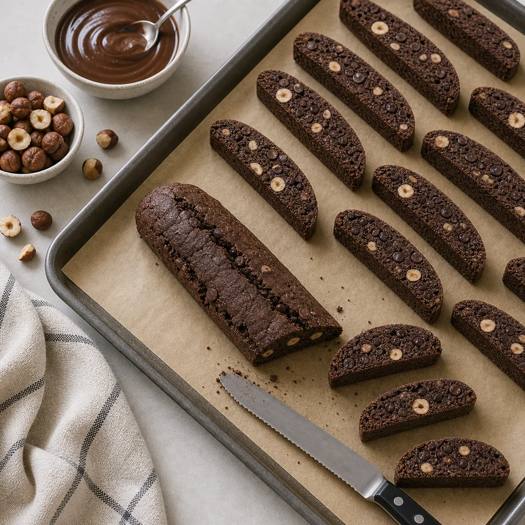 Chocolate hazelnut biscotti slices on parchment with espresso glaze nearby for BeginnerBakes