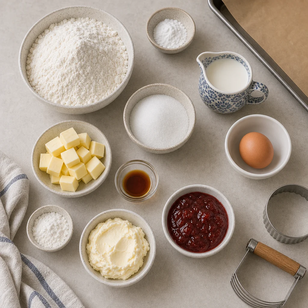 Measured flour, cold butter, milk, egg, clotted cream, and jam for BeginnerBakes British scones