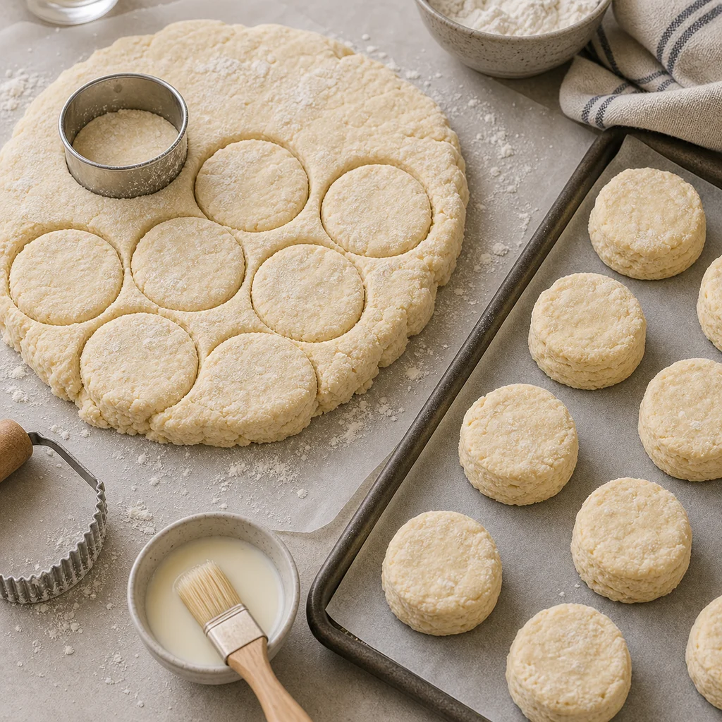 Classic British scone dough cut into rounds on a baking sheet for BeginnerBakes