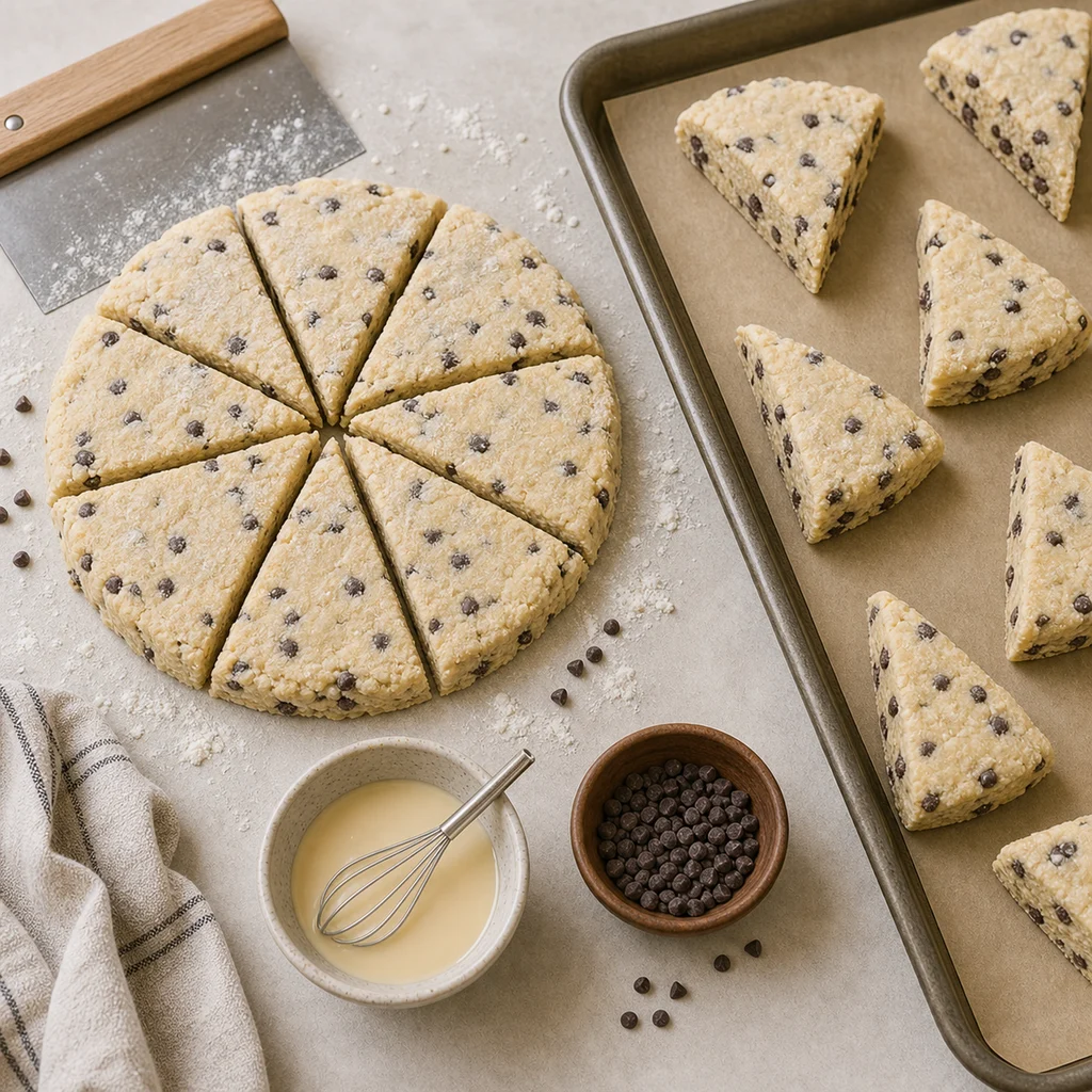 Gluten-free chocolate chip scone dough cut into wedges for BeginnerBakes maple drizzle scones