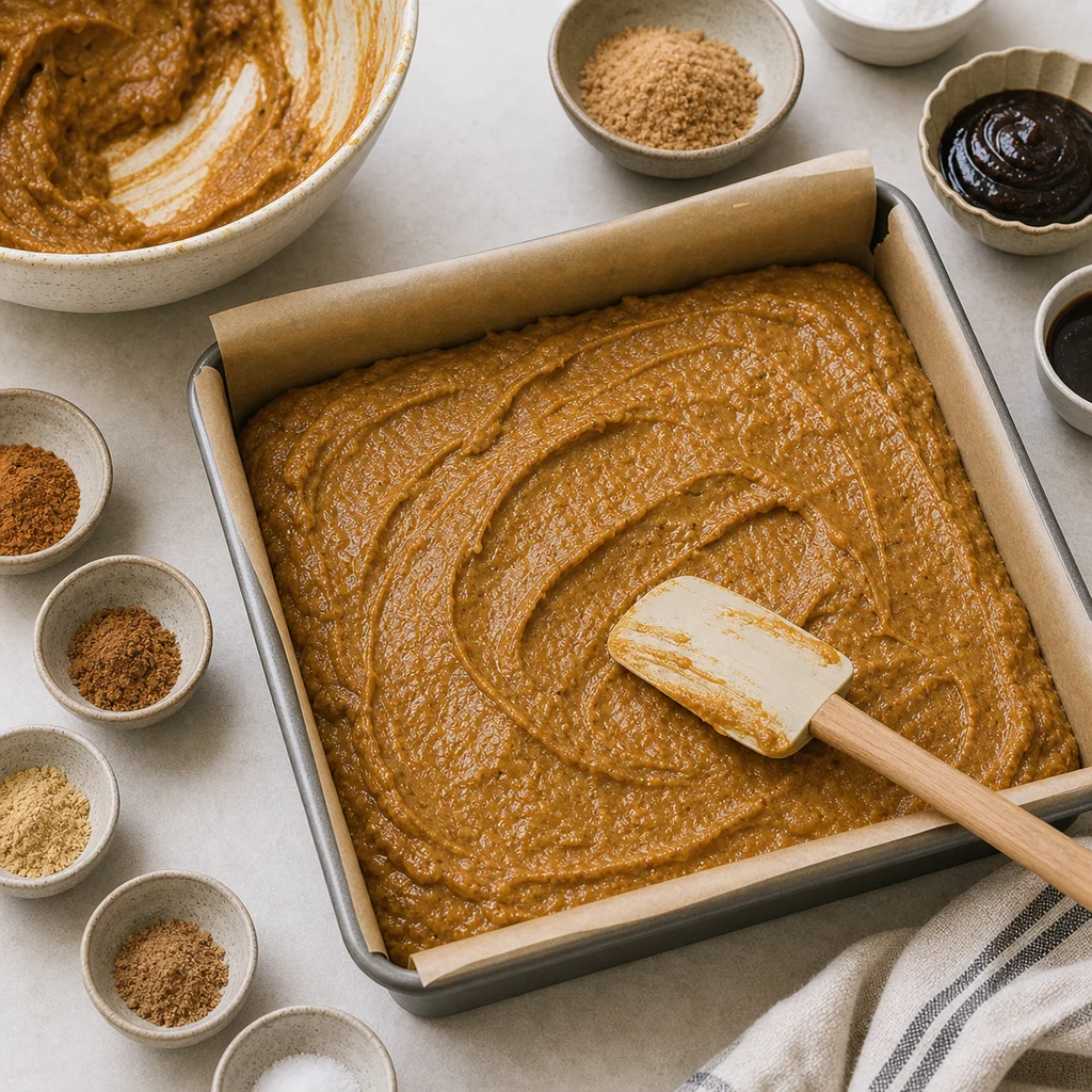 Pumpkin molasses blondie batter smoothed in a parchment-lined pan for BeginnerBakes