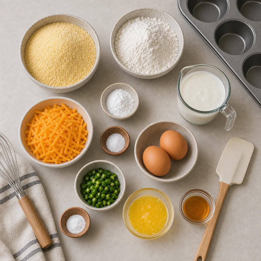 Measured cornmeal, gluten-free flour, buttermilk, eggs, cheddar, jalapeno, butter, and honey for BeginnerBakes cornbread muffins