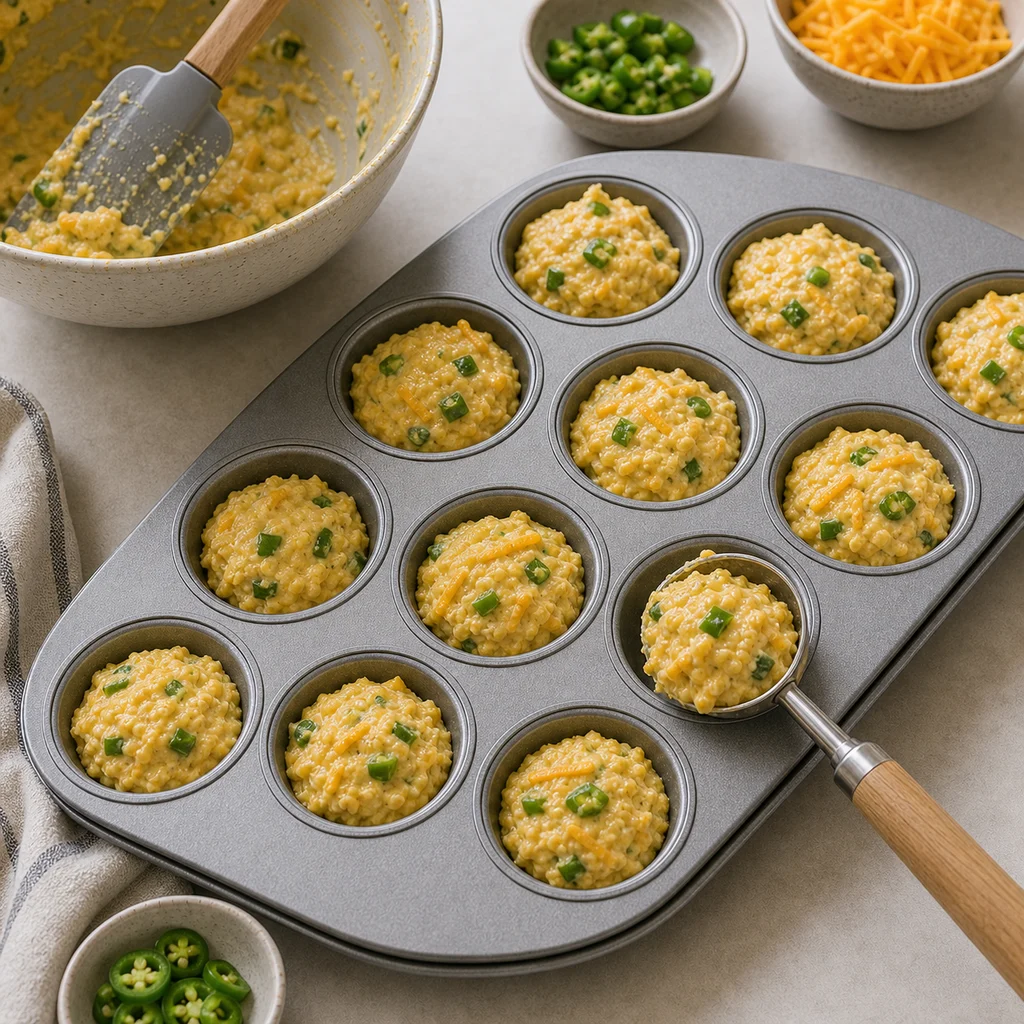 Jalapeno cheddar cornbread batter portioned into a muffin tin for BeginnerBakes