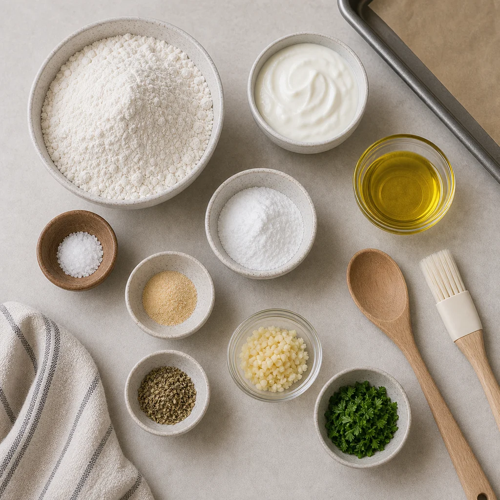 Measured gluten-free flour, yogurt, olive oil, garlic, herbs, parsley, baking powder, and salt for BeginnerBakes garlic knots