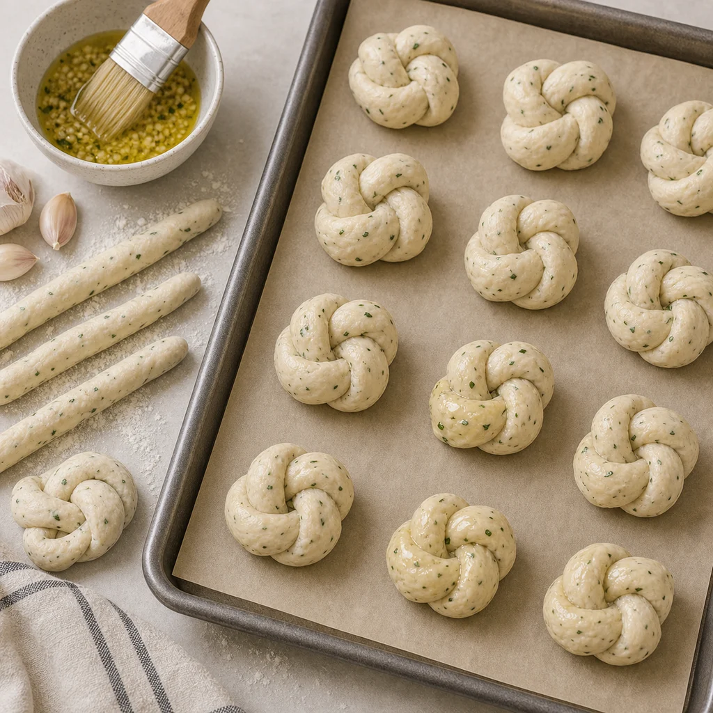 Gluten-free herb dough tied into garlic knots and brushed with garlic olive oil for BeginnerBakes