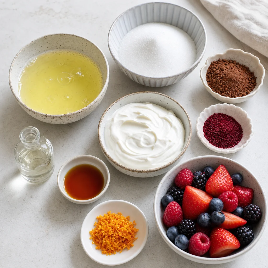 Ingredients for Chocolate Hibiscus Pavlova with Fresh Berries and Citrus Cream Recipe - Easy Healthy Baking