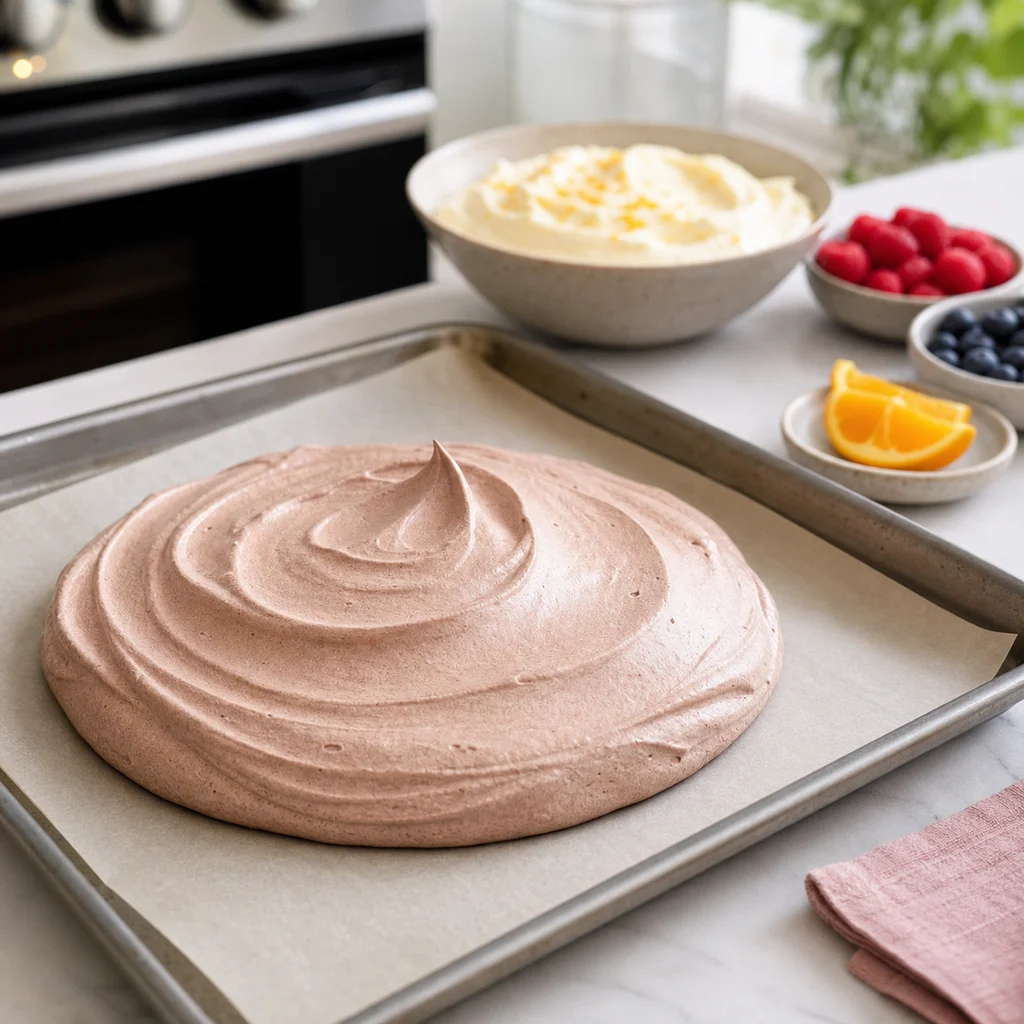 Chocolate hibiscus pavlova meringue shaped on parchment before baking
