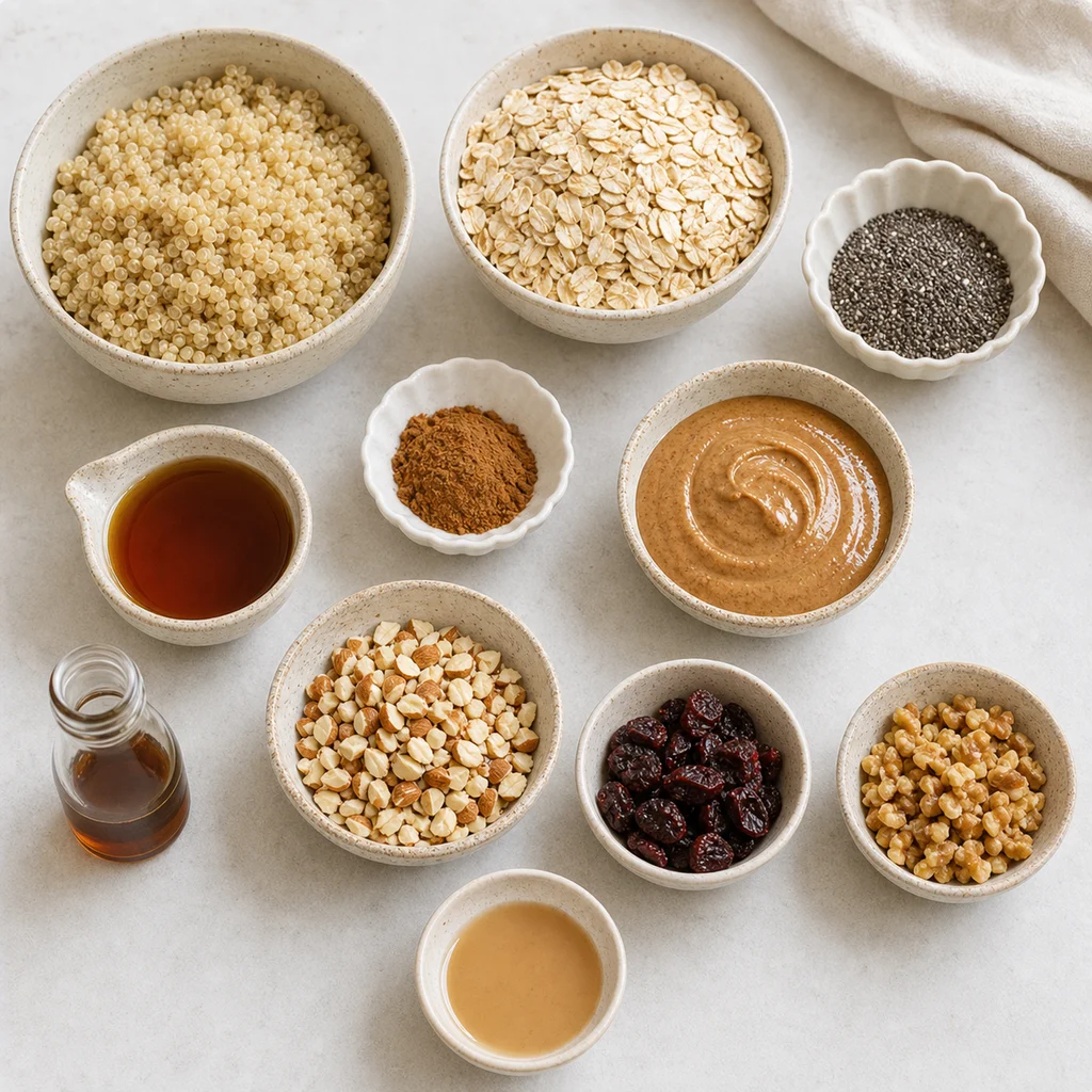 Ingredients for Cinnamon-Spiced Chia Seed & Quinoa Breakfast Bars with Maple Glaze – Easy Healthy Snack Recipe