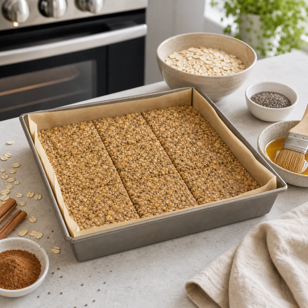 Cinnamon quinoa breakfast bar mixture pressed into a parchment-lined pan before baking