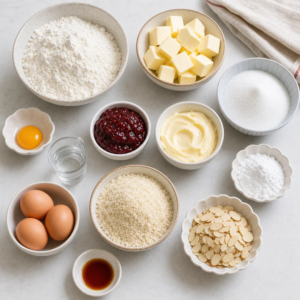 Ingredients for Classic British Bakewell Tart with Raspberry Jam and Almond Frangipane Recipe