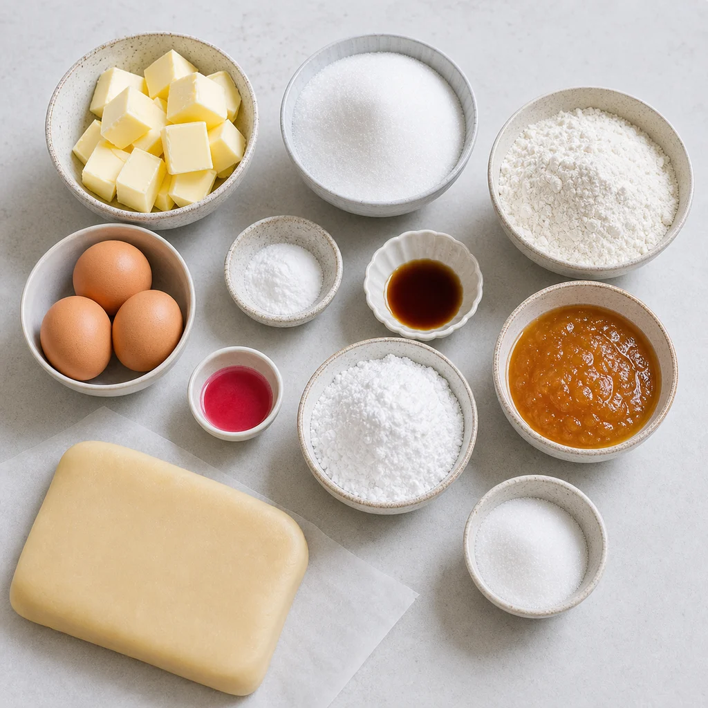 Ingredients for Classic British Battenberg Cake with Marzipan Wrap – Easy Beginner Recipe