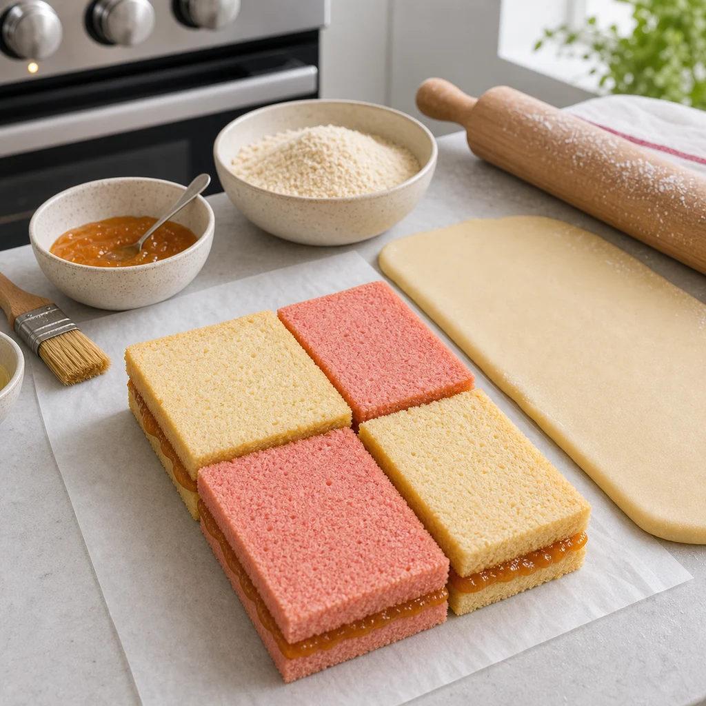 Battenberg sponge strips arranged in a checkerboard pattern before wrapping in marzipan