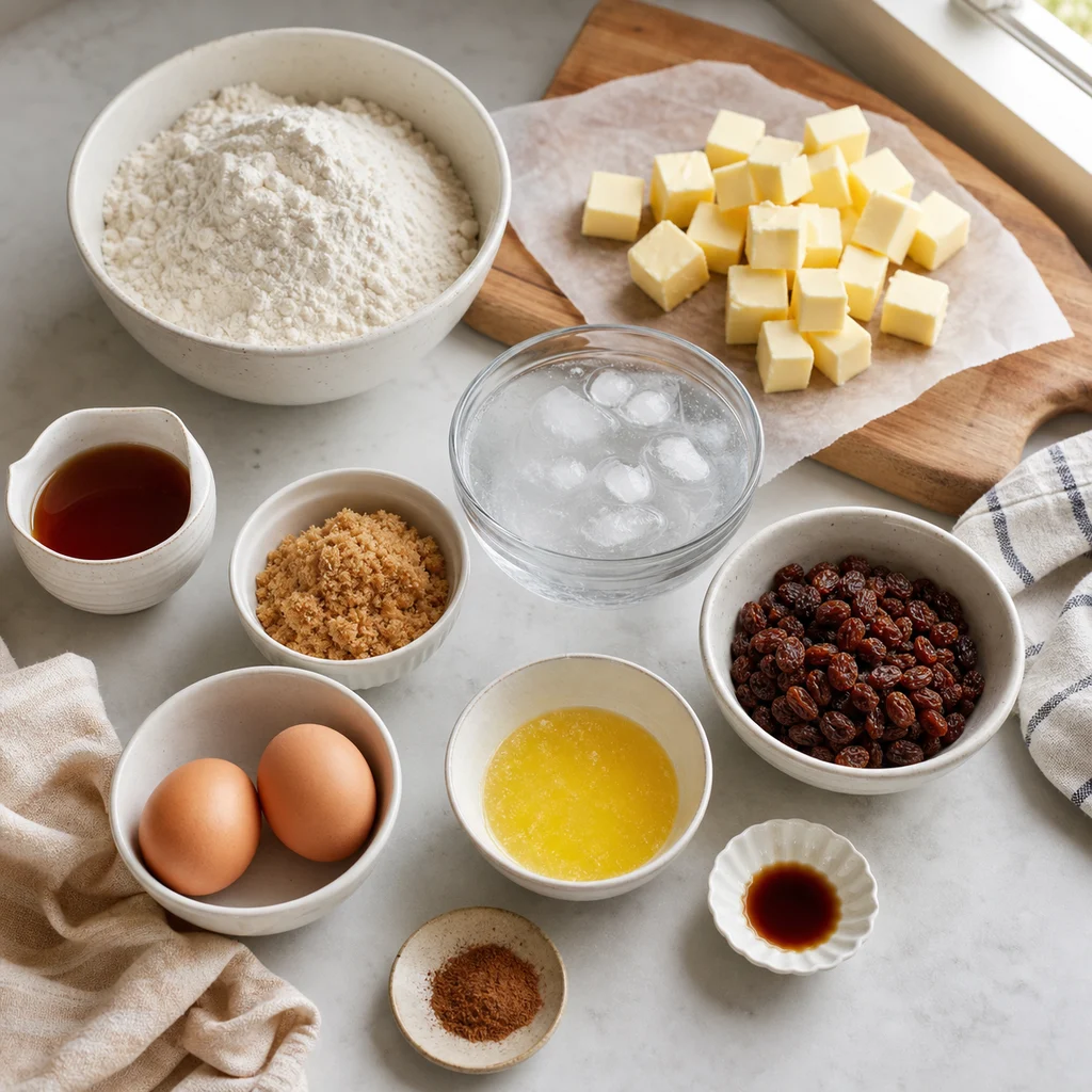 Measured ingredients for Classic British Butter Tarts with Maple Syrup and Raisins