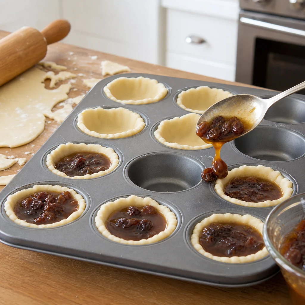 Maple raisin filling being spooned into butter tart pastry shells in a muffin tin