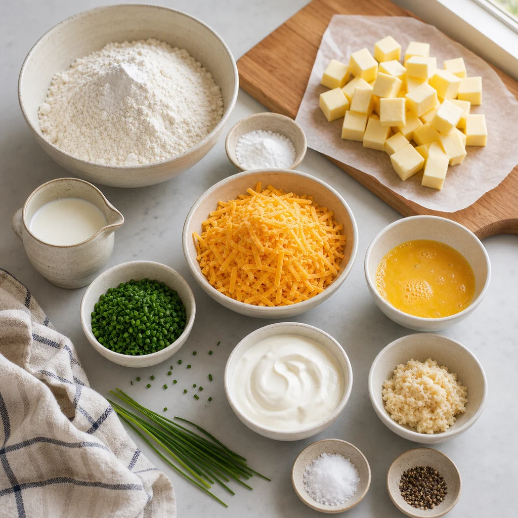 Measured ingredients for cheddar and chive scone sandwiches with horseradish cream