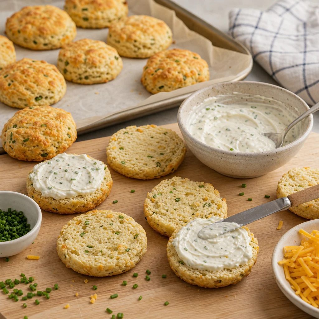 Cheddar and chive scones being spread with zesty horseradish cream