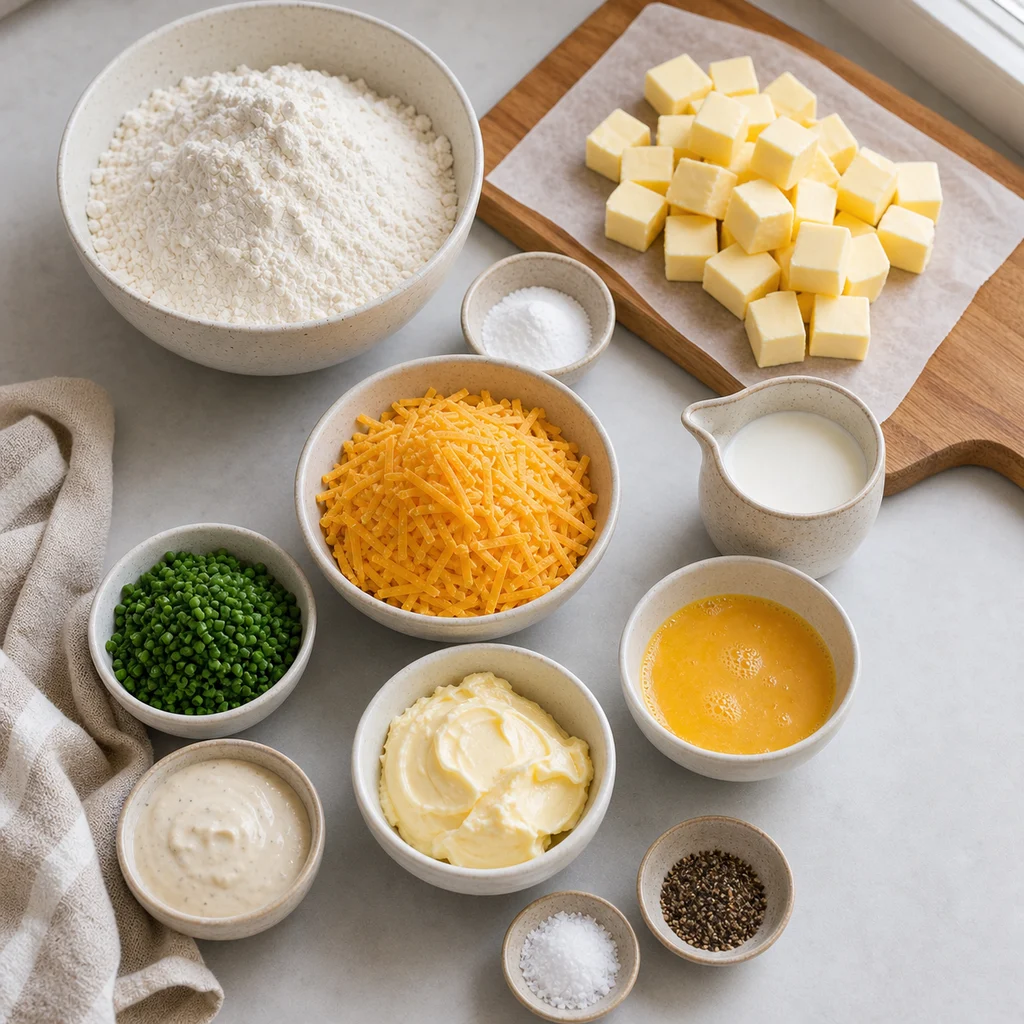Measured ingredients for cheese and chive scones with horseradish butter spread