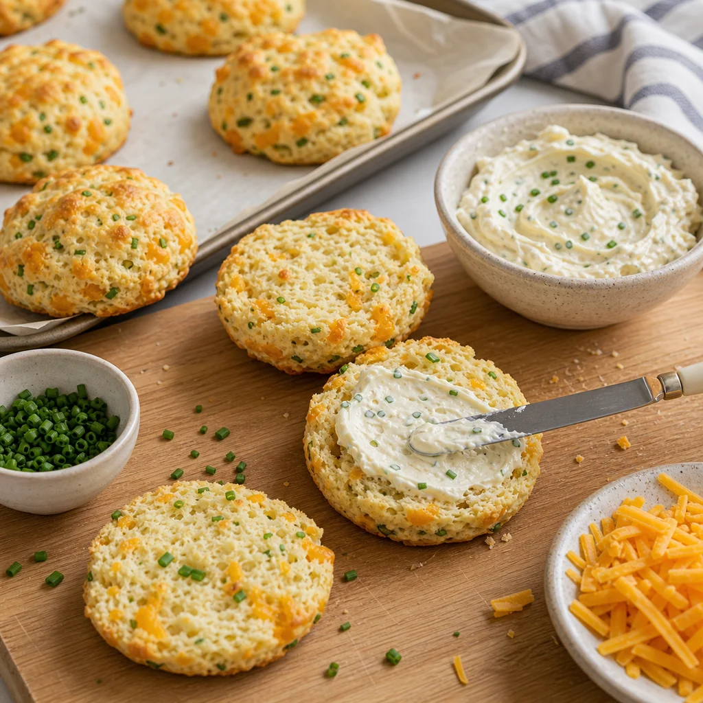 Warm cheese and chive scone being spread with horseradish butter