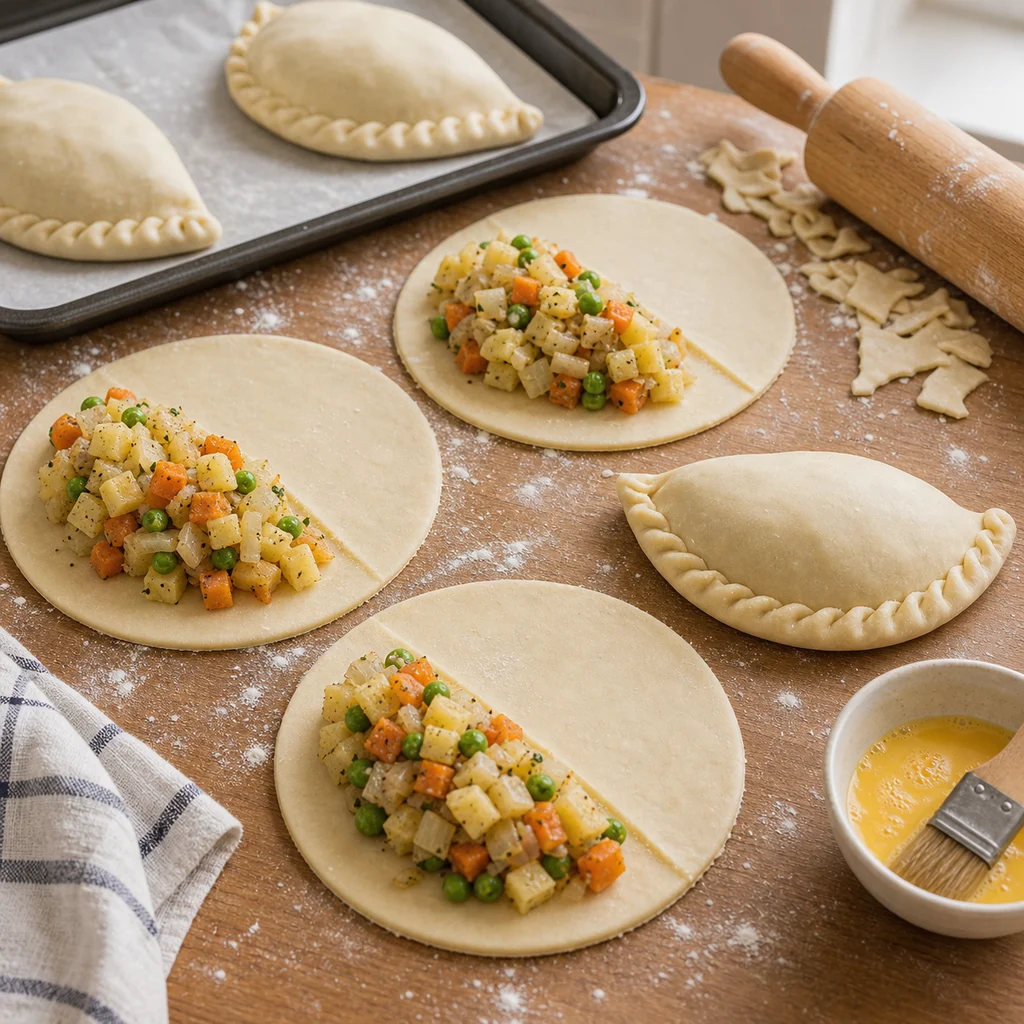 Vegetable Cornish pasties being filled and crimped before baking