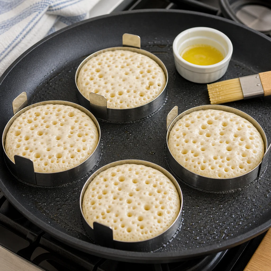 Crumpet batter bubbling inside metal rings on a griddle