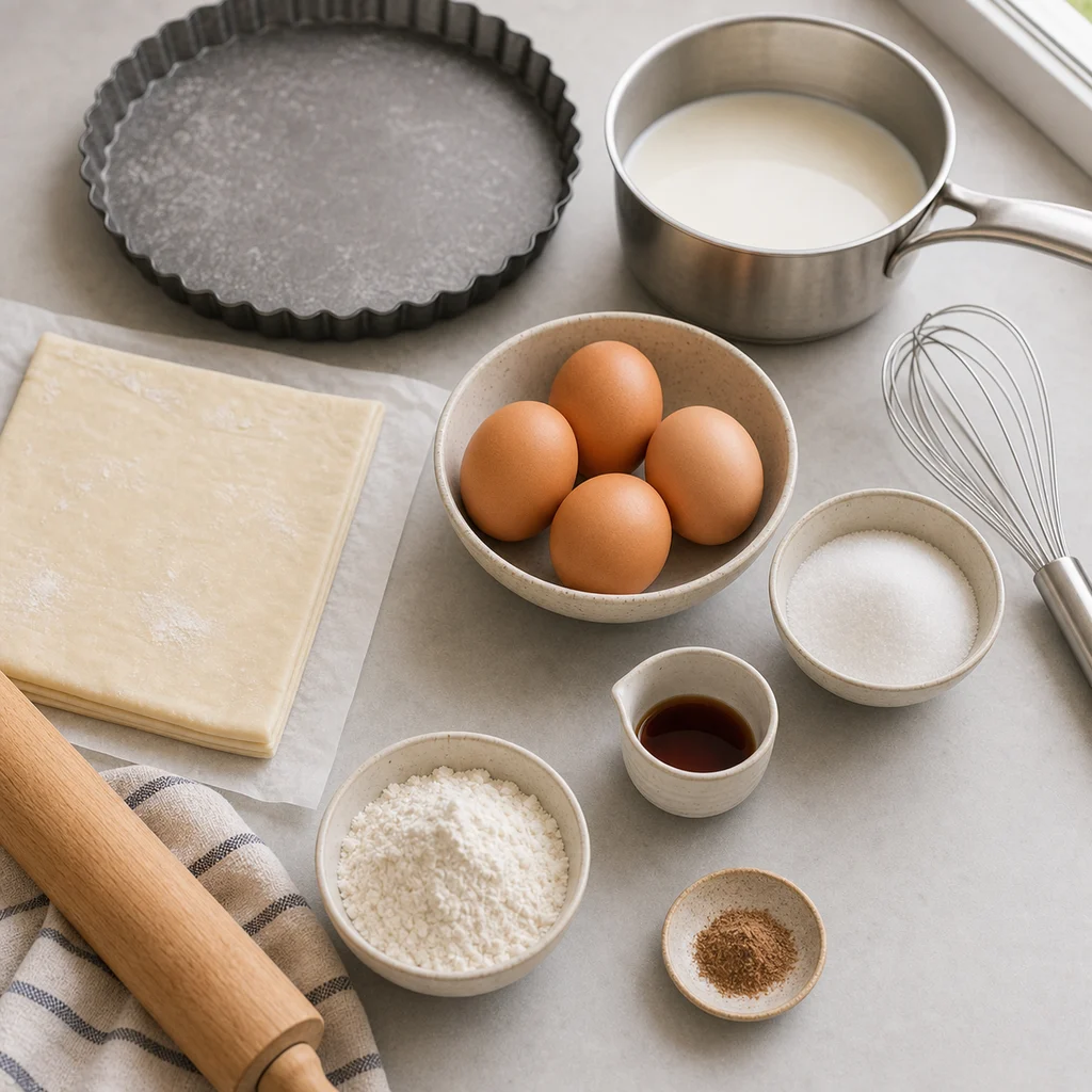 Measured ingredients for British custard tart with puff pastry