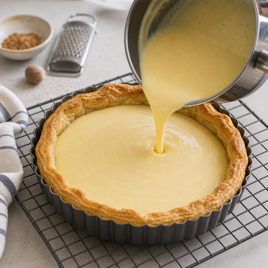 Custard being poured into a blind-baked puff pastry tart shell