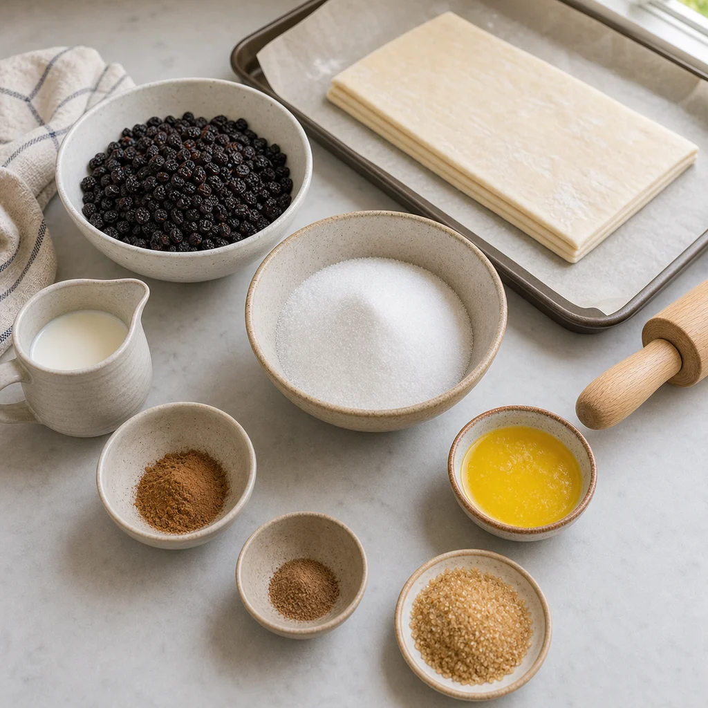 Measured ingredients for Eccles cakes with currants and spiced sugar