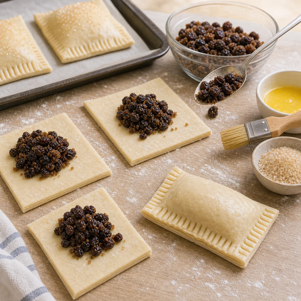 Puff pastry squares being filled and sealed for Eccles cakes