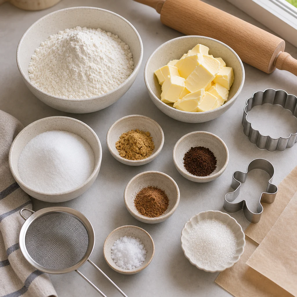 Measured ingredients for ginger shortbread biscuits with clove and nutmeg