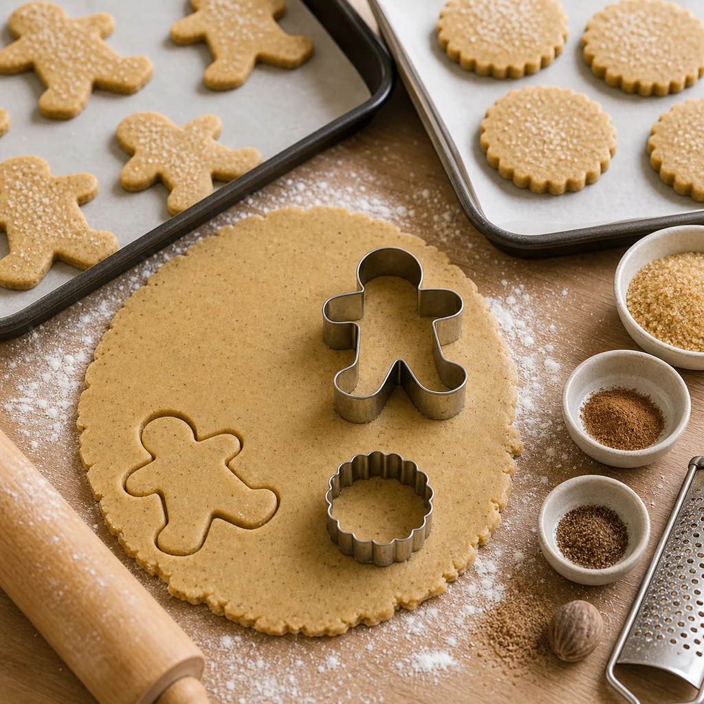 Spiced shortbread dough being cut into biscuits before baking