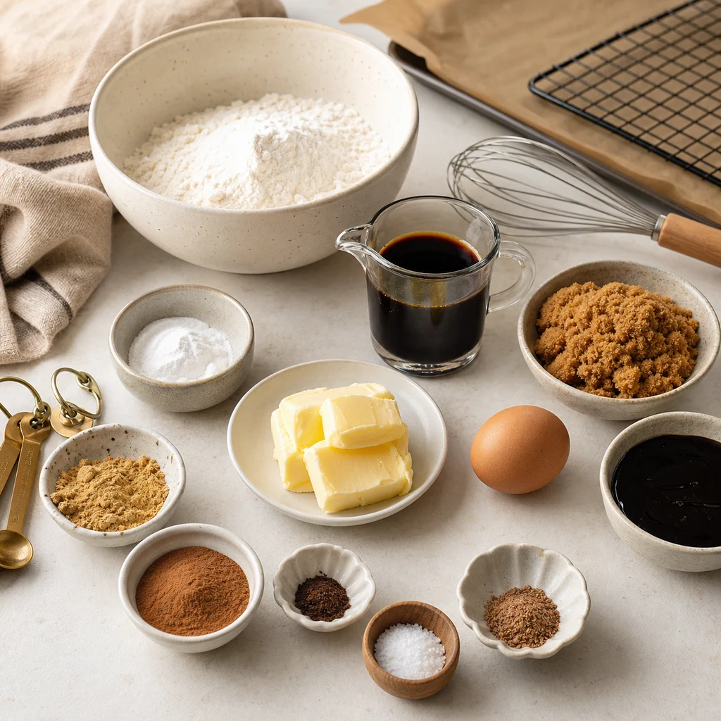 Measured ingredients for BeginnerBakes classic British gingerbread biscuit bites with molasses glaze