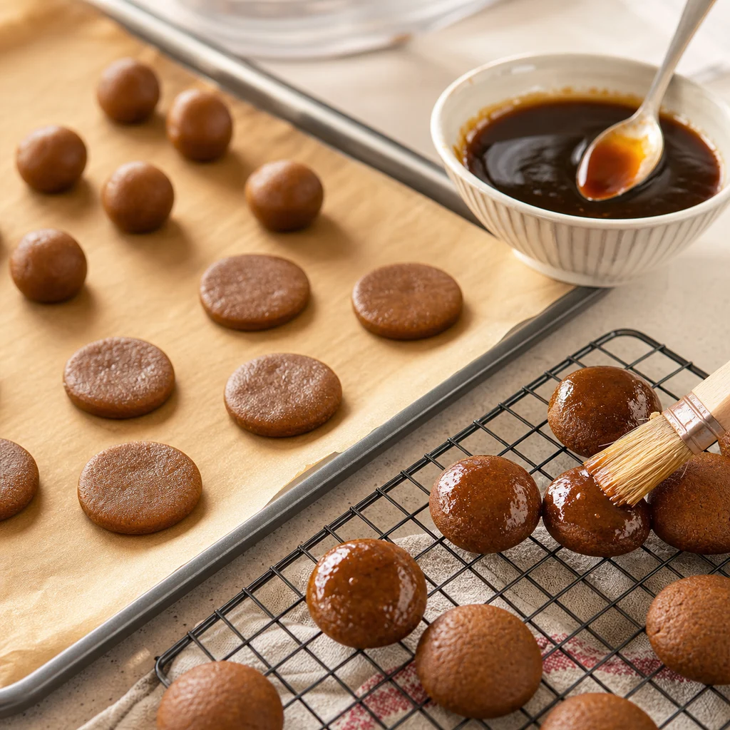 BeginnerBakes gingerbread biscuit bites being shaped and brushed with molasses glaze