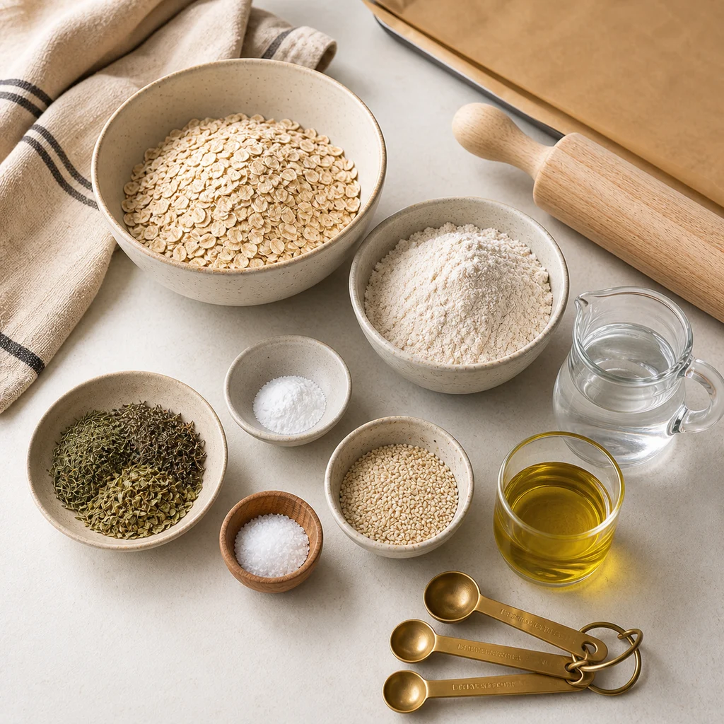 Measured ingredients for BeginnerBakes oat and herb crackers with sesame seeds