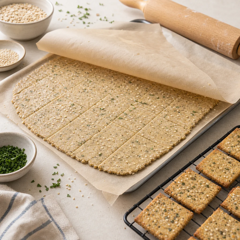 BeginnerBakes oat and herb cracker dough rolled thin and scored on parchment