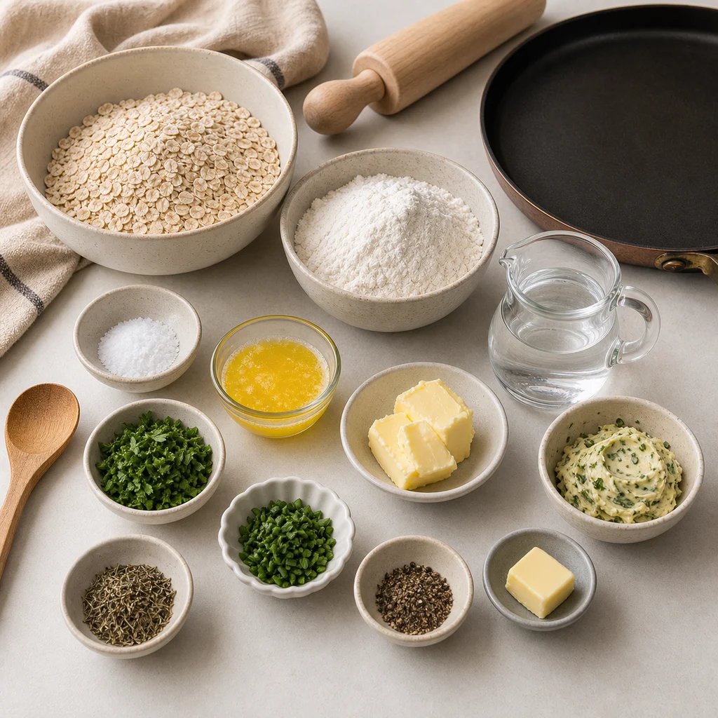 Measured ingredients for BeginnerBakes classic British oatcakes with savory herb butter