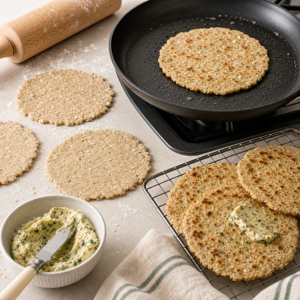 BeginnerBakes oatcakes rolled thin and cooked on a buttered griddle