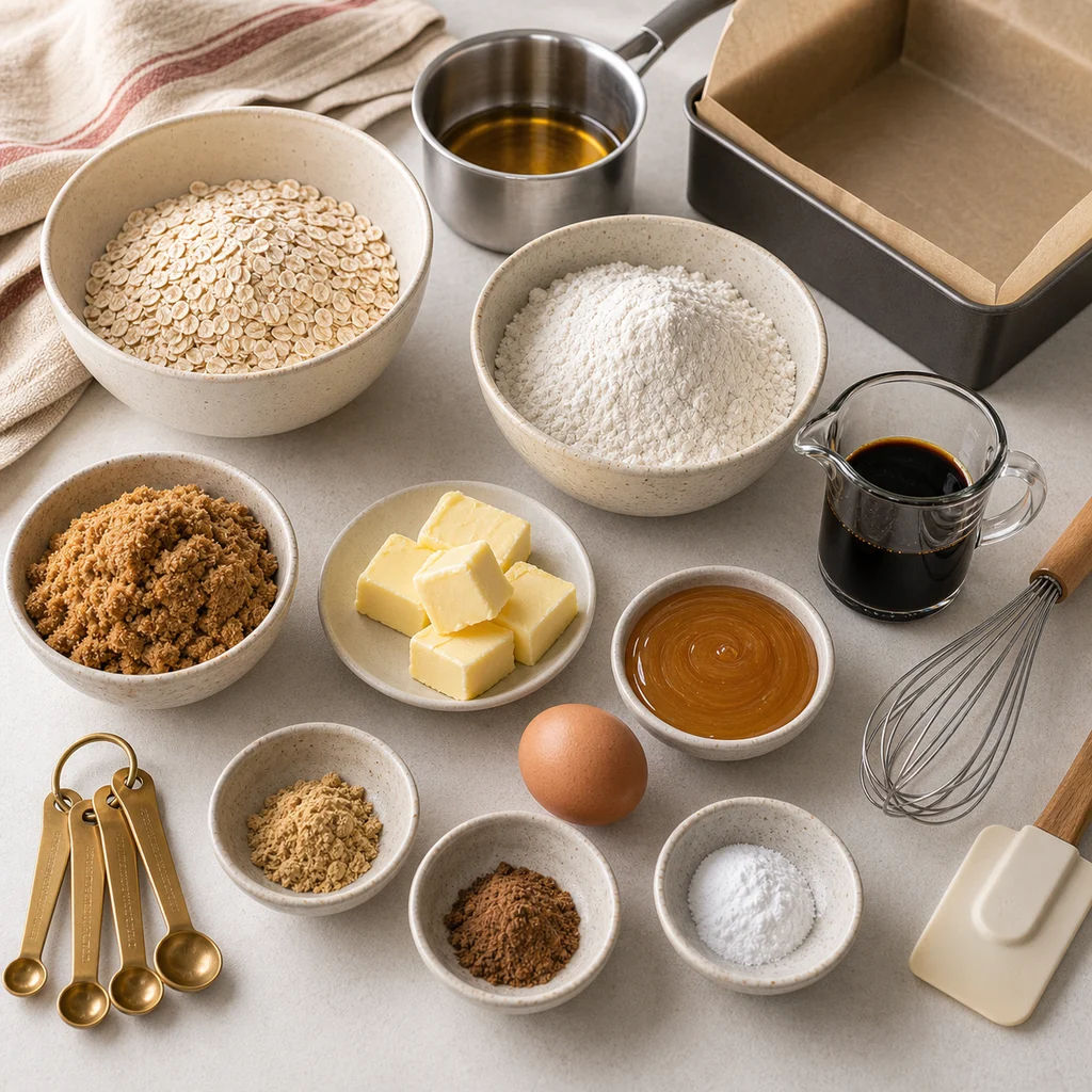 Measured ingredients for BeginnerBakes British parkin biscuit bars with molasses and ginger