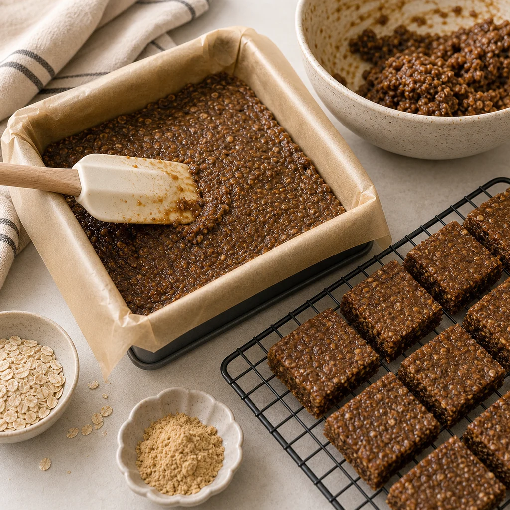 BeginnerBakes parkin batter pressed into a square tin with cooled bars nearby