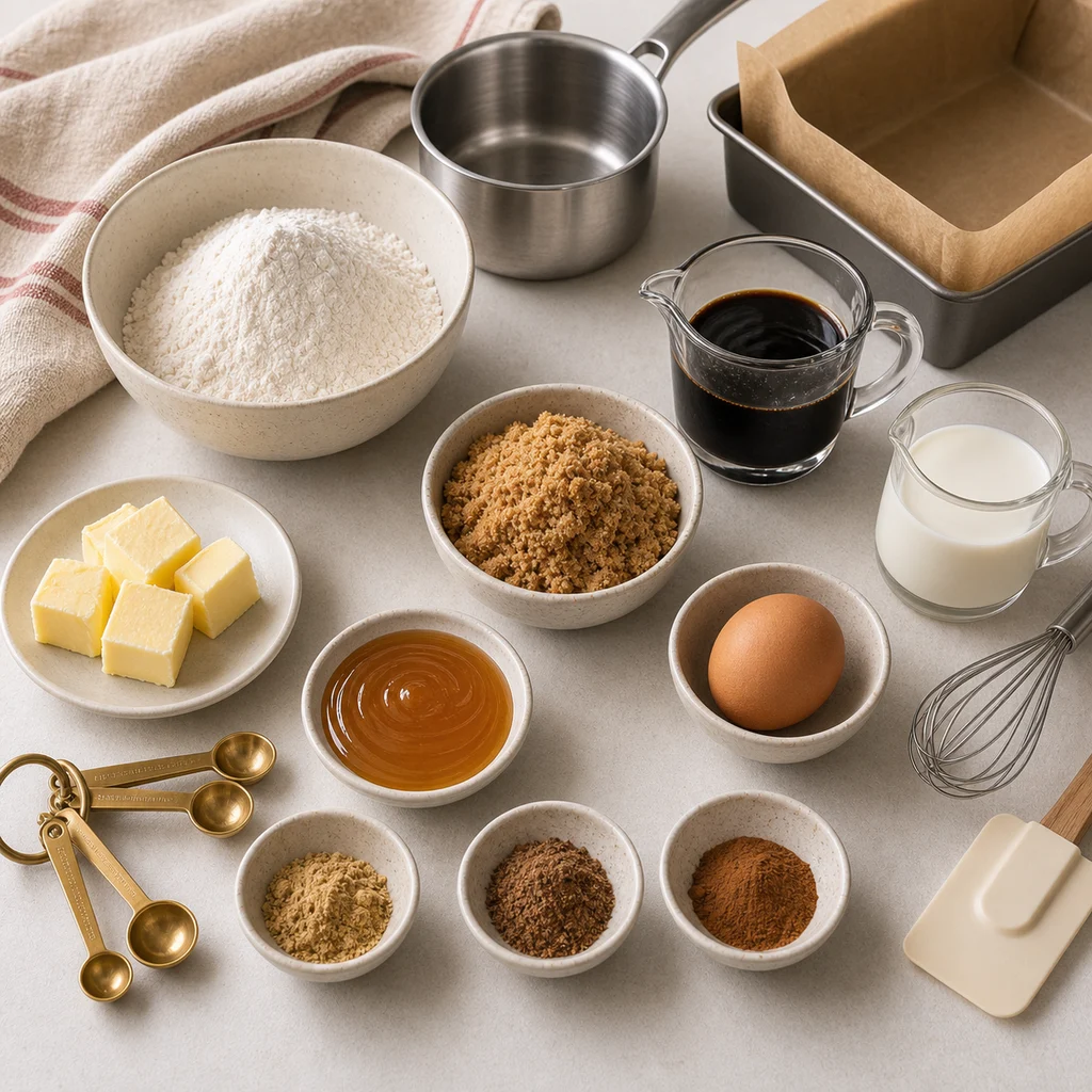Measured ingredients for BeginnerBakes classic British parkin ginger cake