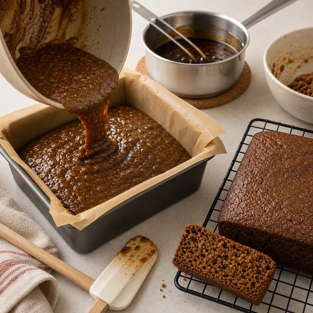 BeginnerBakes parkin ginger cake batter smoothed into a lined tin