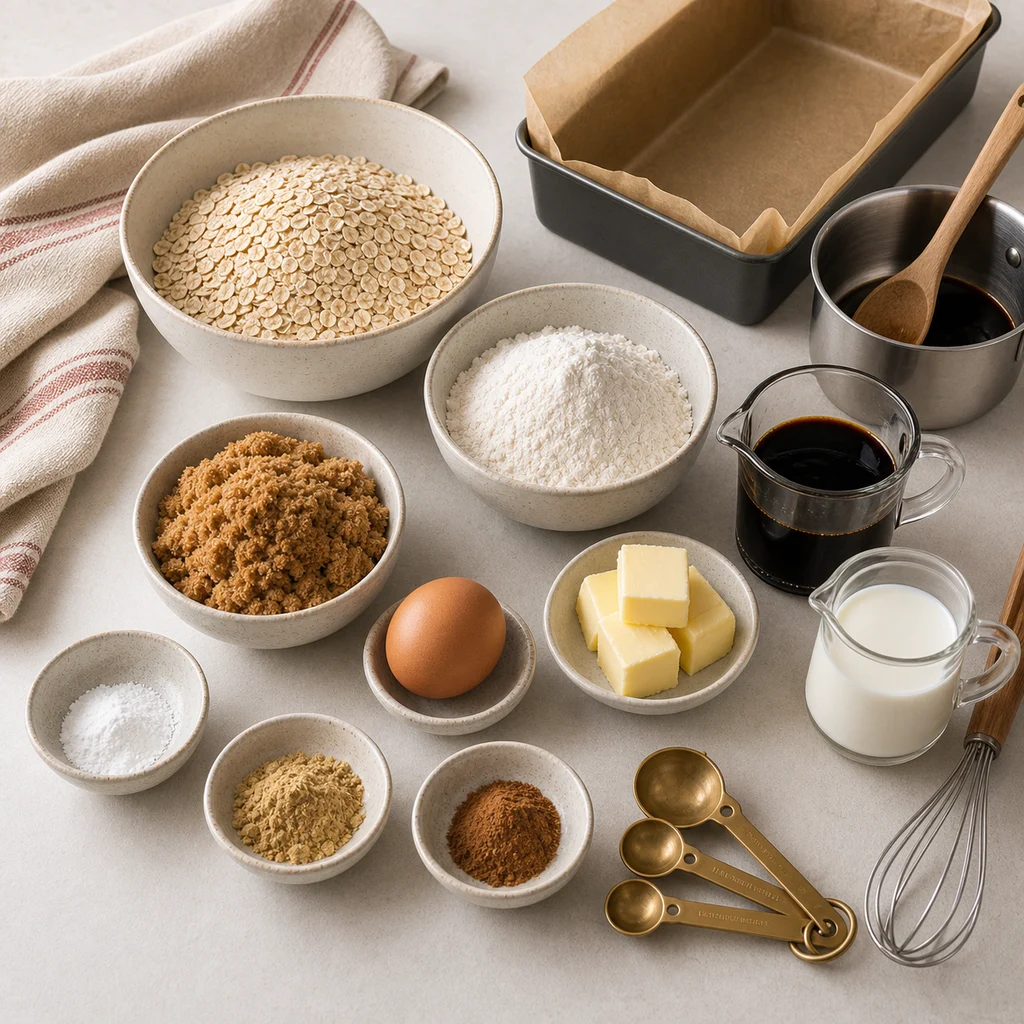 Measured ingredients for BeginnerBakes classic British parkin ginger loaf with molasses and oats