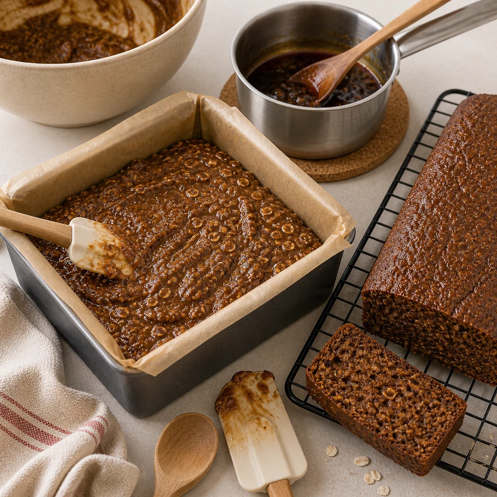 BeginnerBakes parkin ginger loaf batter smoothed into a parchment-lined loaf tin