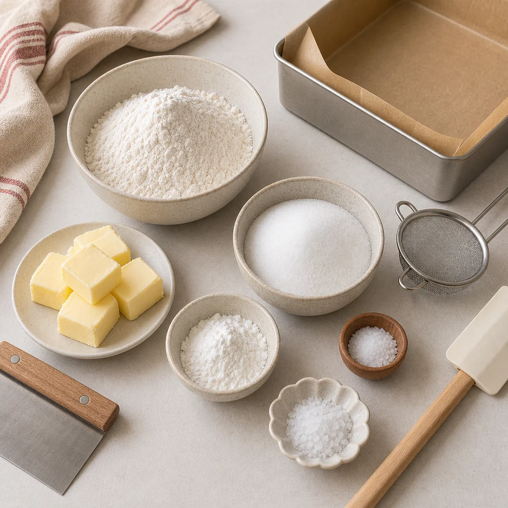 Measured ingredients for BeginnerBakes Scottish shortbread fingers with sea salt