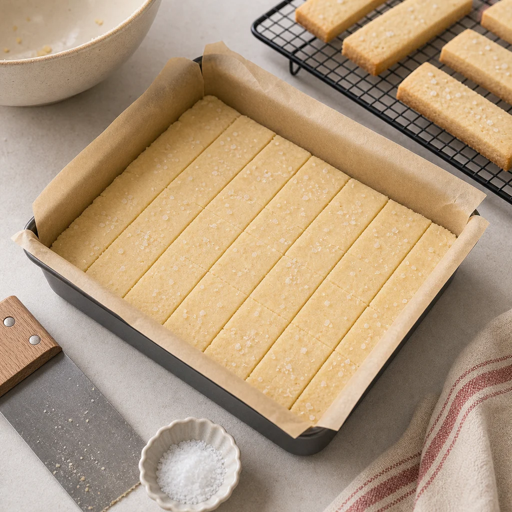 BeginnerBakes Scottish shortbread dough pressed, scored, and sprinkled with sea salt