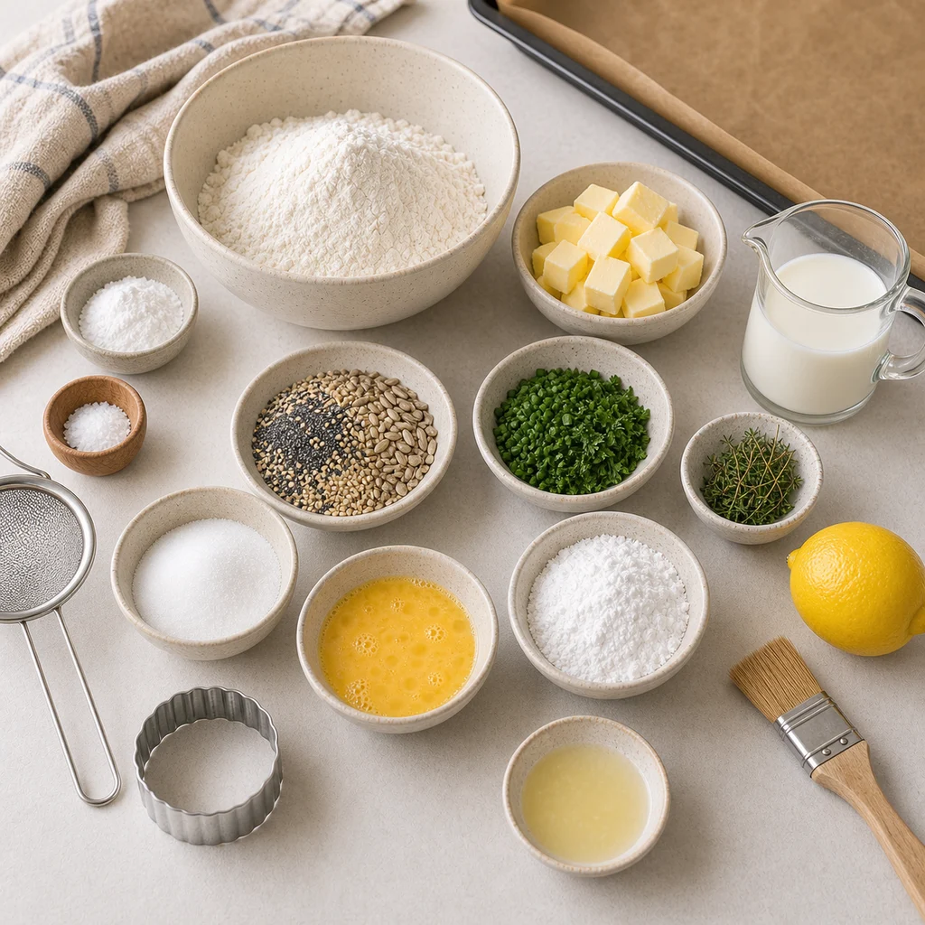 Measured ingredients for BeginnerBakes seed and herb scones with lemon glaze