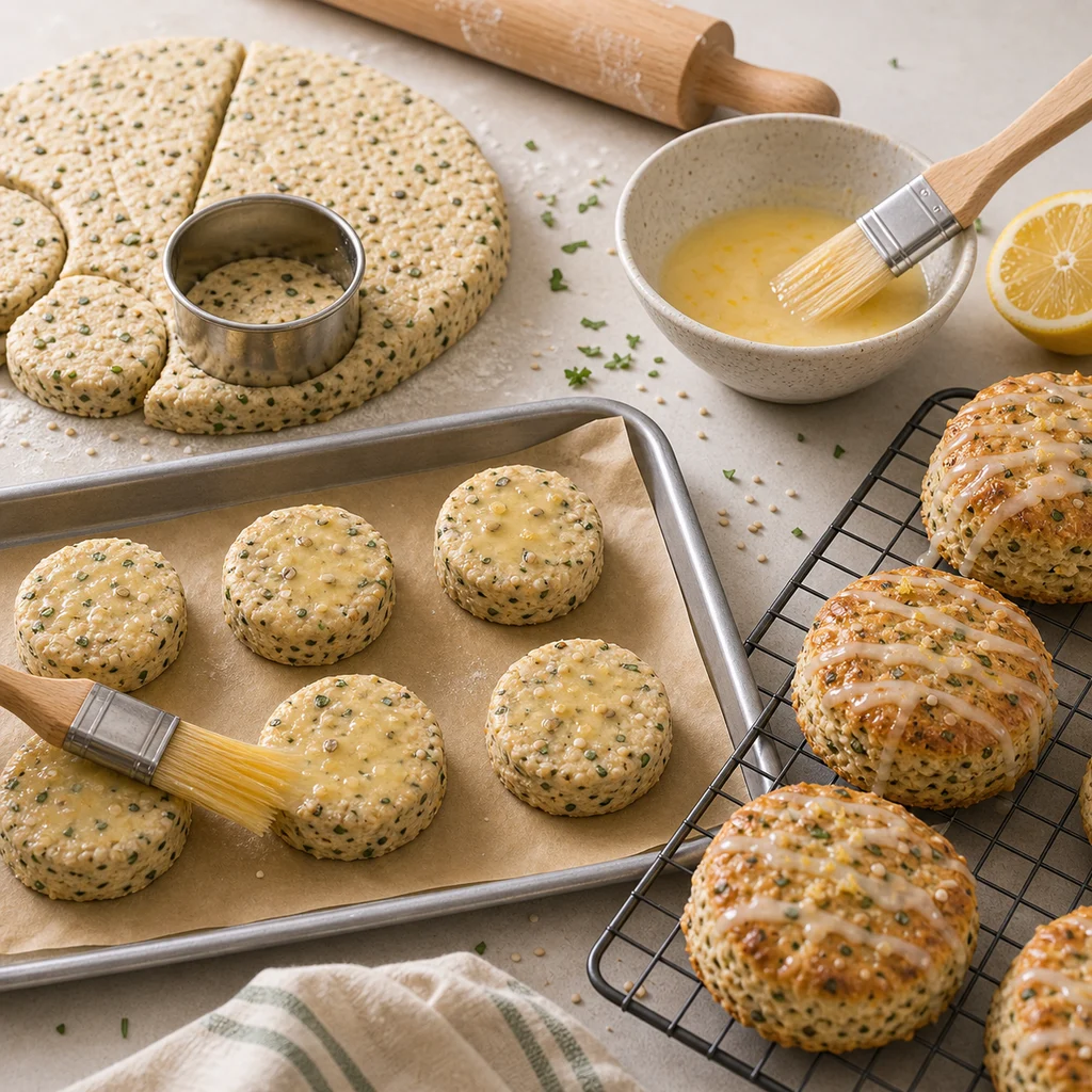 BeginnerBakes seed and herb scones being cut, brushed, and glazed