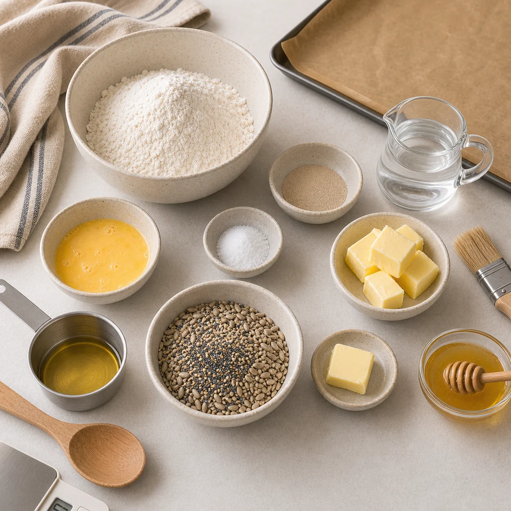 Measured ingredients for BeginnerBakes seeded morning rolls with honey butter