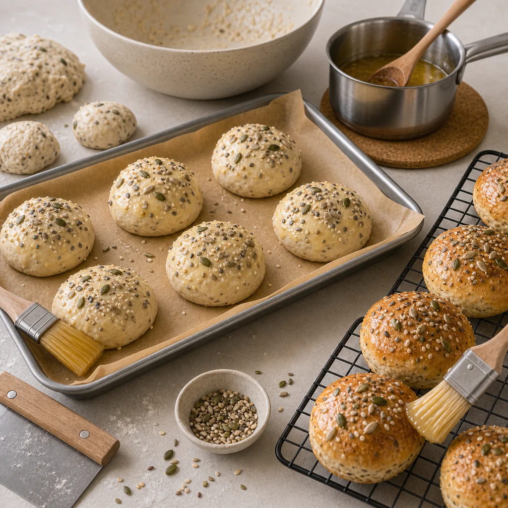 BeginnerBakes seeded morning rolls shaped, seeded, and brushed with honey butter